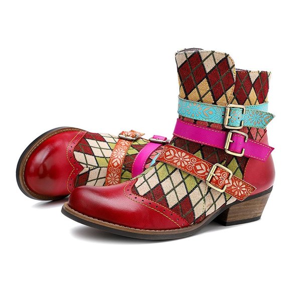 Iliyah Shoes - Iliyah Red & Teal Floral Checkerboard Triple-Buckle Leather Ankle Boots - Women